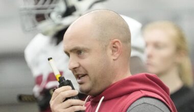 Arizona Cardinals offensive coordinator Drew Petzing calls a play during training camp at State Farm Stadium in Glendale, Arizona, on July 28, 2025.