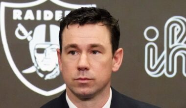 Feb 10, 2026; Henderson, NV, USA;  Las Vegas Raiders coach Klint Kubiak (left) and general manager John Spytek at introductory press conference at Intermountain Health Performance Center. Mandatory Credit: Kirby Lee-Imagn Images