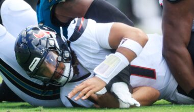 Houston Texans quarterback CJ. Stroud (7) is sacked by Jacksonville Jaguars defensive end Travon Walker (44) during the first quarter of an NFL football matchup at EverBank Stadium, Sunday, Sept. 21, 2025, in Jacksonville, Fla. [Corey Perrine/Florida Times-Union]