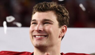 Jan 19, 2026; Miami Gardens, FL, USA; Indiana Hoosiers quarterback Fernando Mendoza (15) reacts after the College Football Playoff National Championship game against the Miami Hurricanes at Hard Rock Stadium. Mandatory Credit: Nathan Ray Seebeck-Imagn Images