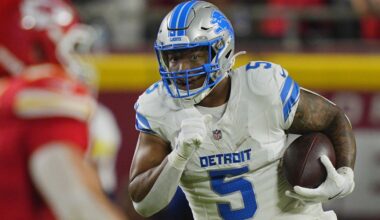 Oct 12, 2025; Kansas City, Missouri, USA; Detroit Lions running back David Montgomery (5) rushes the ball against the Kansas City Chiefs during the second half at GEHA Field at Arrowhead Stadium.