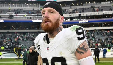 Dec 14, 2025; Philadelphia, Pennsylvania, USA; Las Vegas Raiders defensive end Maxx Crosby (98) on the field after loss to the Philadelphia Eagles at Lincoln Financial Field. Mandatory Credit: Eric Hartline-Imagn Images