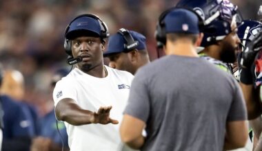 Sep 25, 2025; Glendale, Arizona, USA; Seattle Seahawks defensive backs coach Karl Scott against the Arizona Cardinals at State Farm Stadium. Mandatory Credit: Mark J. Rebilas-Imagn Images