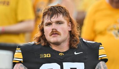 Sep 13, 2025; Iowa City, Iowa, USA; Iowa Hawkeyes offensive lineman Gennings Dunker (67) looks on before the game against the Massachusetts Minutemen at Kinnick Stadium. Mandatory Credit: Jeffrey Becker-Imagn Images