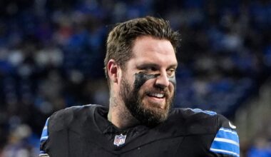 Detroit Lions offensive tackle Taylor Decker (68) smiles at warm up before the game between Detroit Lions and Buffalo Bills at Ford Field in Detroit on Sunday, Dec. 15, 2024.