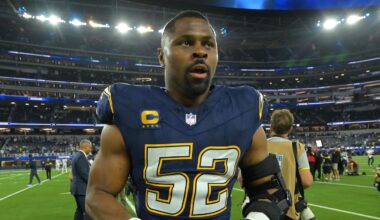 Oct 23, 2025; Inglewood, California, USA; Los Angeles Chargers linebacker Khalil Mack (52) after the game at SoFi Stadium. Mandatory Credit: Jayne Kamin-Oncea-Imagn Images