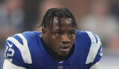 Indianapolis Colts defensive end Samson Ebukam takes a quick breather