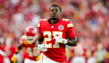 Aug 22, 2025; Kansas City, Missouri, USA; Kansas City Chiefs safety Chamarri Conner (27) gets ready prior to a game against the Chicago Bears at GEHA Field at Arrowhead Stadium. Mandatory Credit: Jay Biggerstaff-Imagn Images