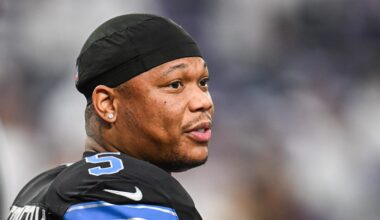 Dec 25, 2025; Minneapolis, Minnesota, USA; Detroit Lions running back David Montgomery (5) looks on before the game against the Minnesota Vikings at U.S. Bank Stadium. Mandatory Credit: Jeffrey Becker-Imagn Images