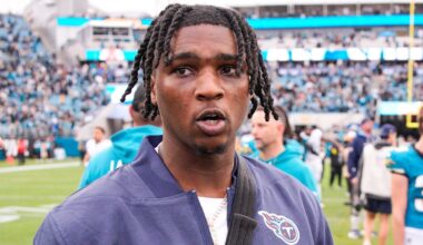 Tennessee Titans quarterback Cam Ward (1) walks off the field after the game at EverBank Stadium, Sunday, Jan. 4, 2026, in Jacksonville, Fla. The Jaguars defeated the Titans 41-7 [Doug Engle/Florida Times-Union]