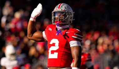 Ohio State Buckeyes defensive back Caleb Downs (2) celebrates