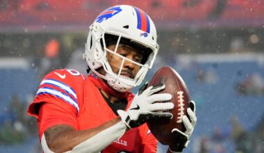 Dec 28, 2025; Orchard Park, New York, USA; Buffalo Bills wide receiver Brandin Cooks (18) warms up in the rain before the game against the Philadelphia Eagles at Highmark Stadium. Mandatory Credit: Gregory Fisher-Imagn Images