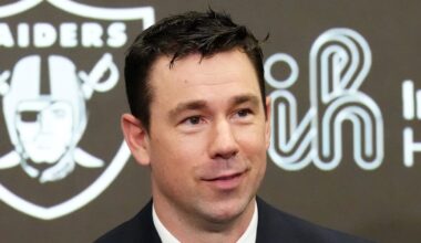 Feb 10, 2026; Henderson, NV, USA; Las Vegas Raiders coach Klint Kubiak speaks at introductory press conference at Intermountain Health Performance Center. Mandatory Credit: Kirby Lee-Imagn Images