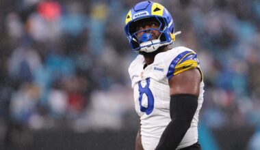 Nov 30, 2025; Charlotte, North Carolina, USA; Los Angeles Rams linebacker Jared Verse (8) looks on during the third quarter against the Carolina Panthers at Bank of America Stadium. Mandatory Credit: Scott Kinser-Imagn Images