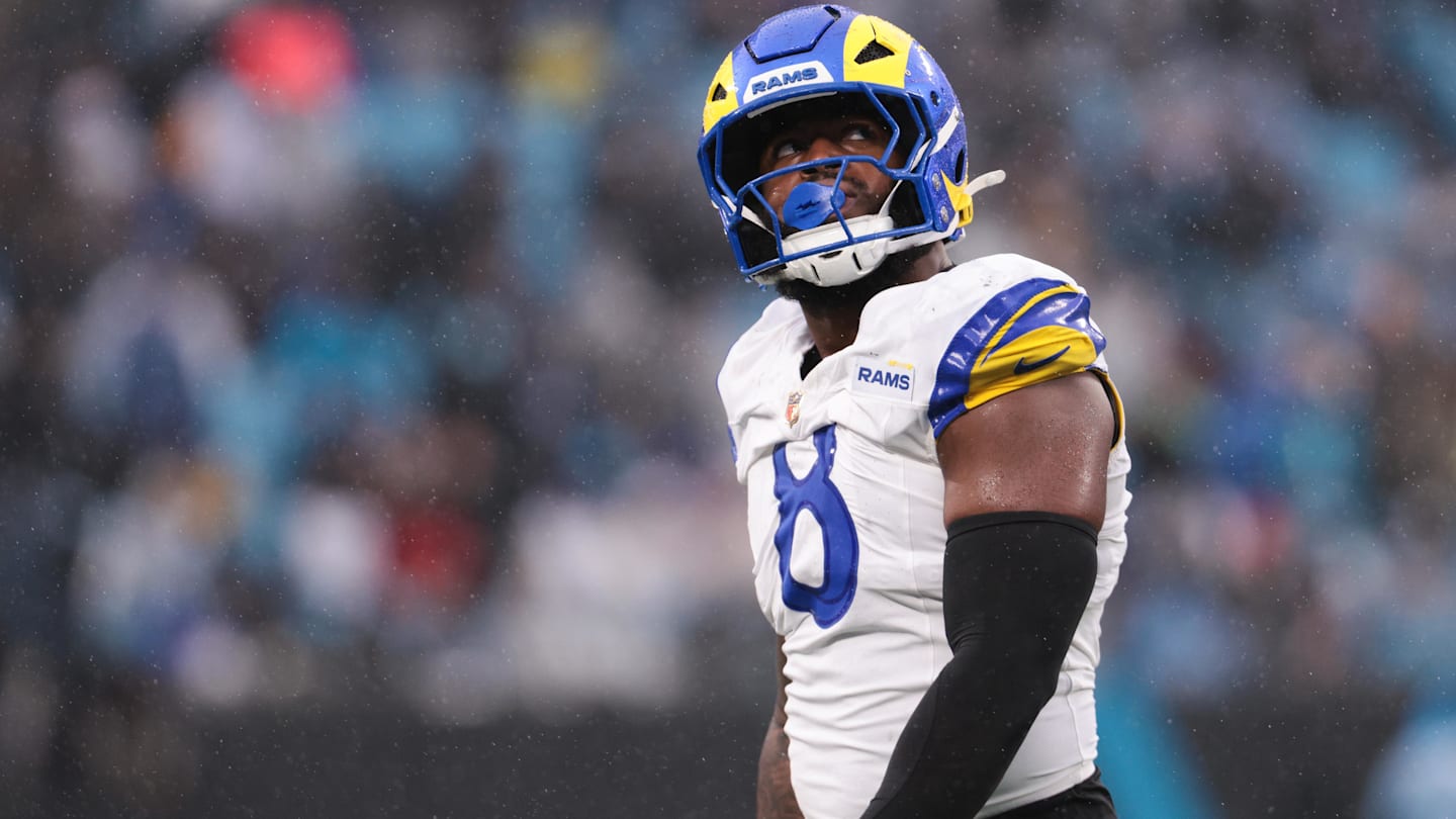 Nov 30, 2025; Charlotte, North Carolina, USA; Los Angeles Rams linebacker Jared Verse (8) looks on during the third quarter against the Carolina Panthers at Bank of America Stadium. Mandatory Credit: Scott Kinser-Imagn Images