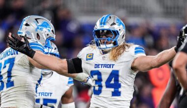 Detroit Lions linebacker Alex Anzalone celebrates a tackle against the Baltimore Ravens during the second half at M&T Bank Stadium in Baltimore, Maryland, on Monday, Sept. 22, 2025.
