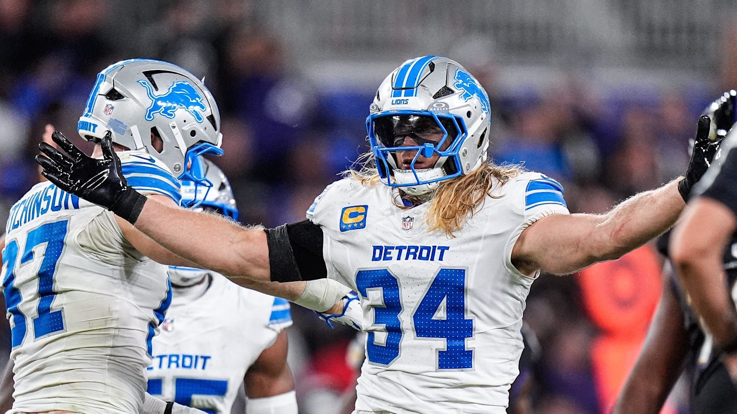 Detroit Lions linebacker Alex Anzalone celebrates a tackle against the Baltimore Ravens during the second half at M&T Bank Stadium in Baltimore, Maryland, on Monday, Sept. 22, 2025.