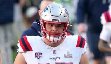 Feb 8, 2026; Santa Clara, CA, USA; New England Patriots center Garrett Bradbury (65) before Super Bowl LX against the Seattle Seahawks at Levi's Stadium. Mandatory Credit: Darren Yamashita-Imagn Images