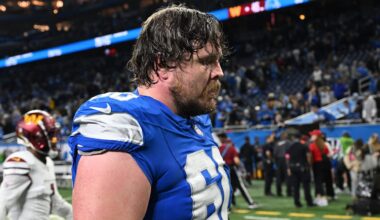 Jan 18, 2025; Detroit, Michigan, USA; Detroit Lions offensive lineman Graham Glasgow (60) walks off the field after the loss to Washington Commanders in a 2025 NFC divisional round game at Ford Field. Mandatory Credit: Lon Horwedel-Imagn Images