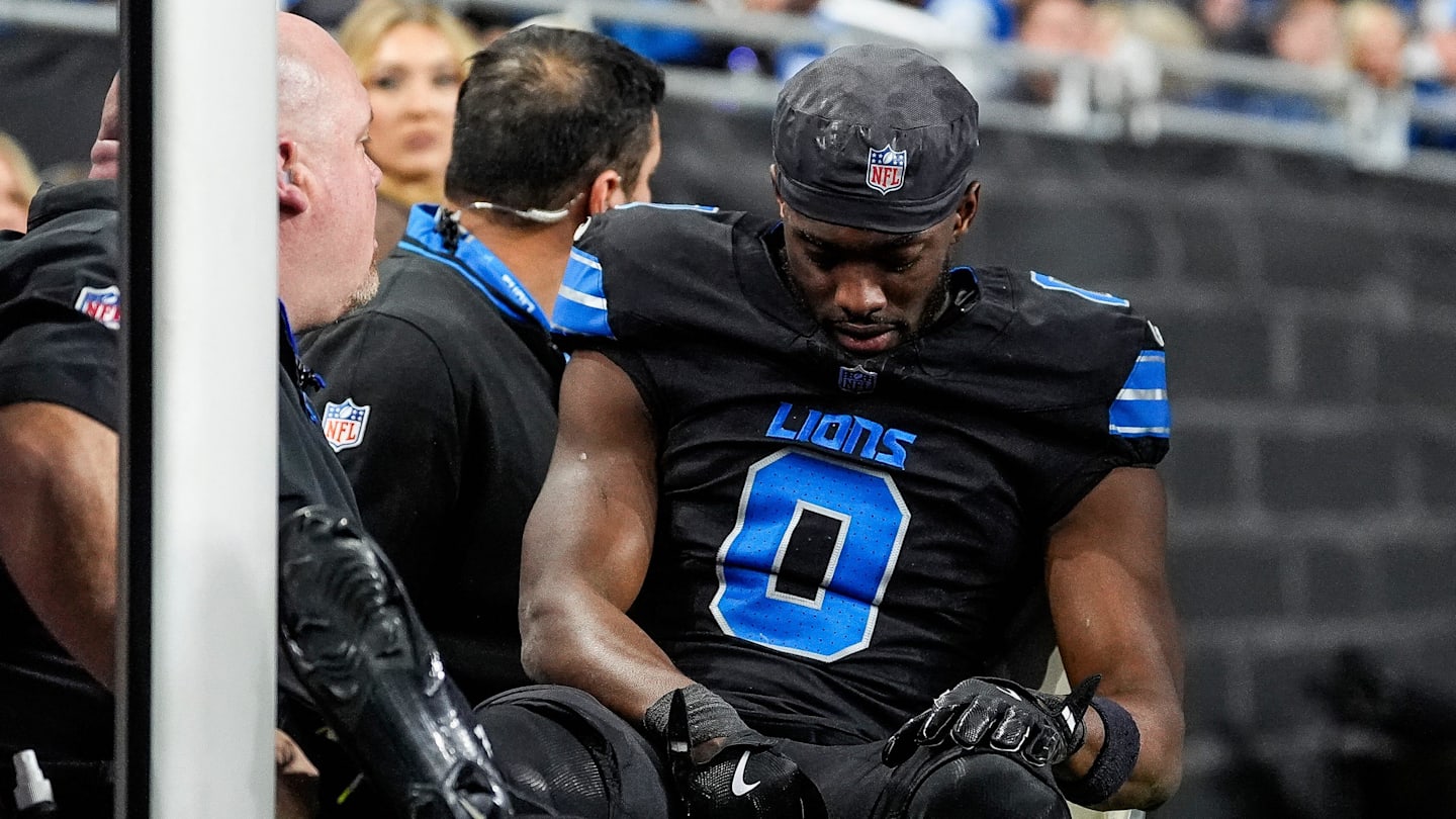 Detroit Lions cornerback Terrion Arnold (0) is carted off the field during the second half against Minnesota Vikings at Ford Field in Detroit on Sunday, Jan. 5, 2025.