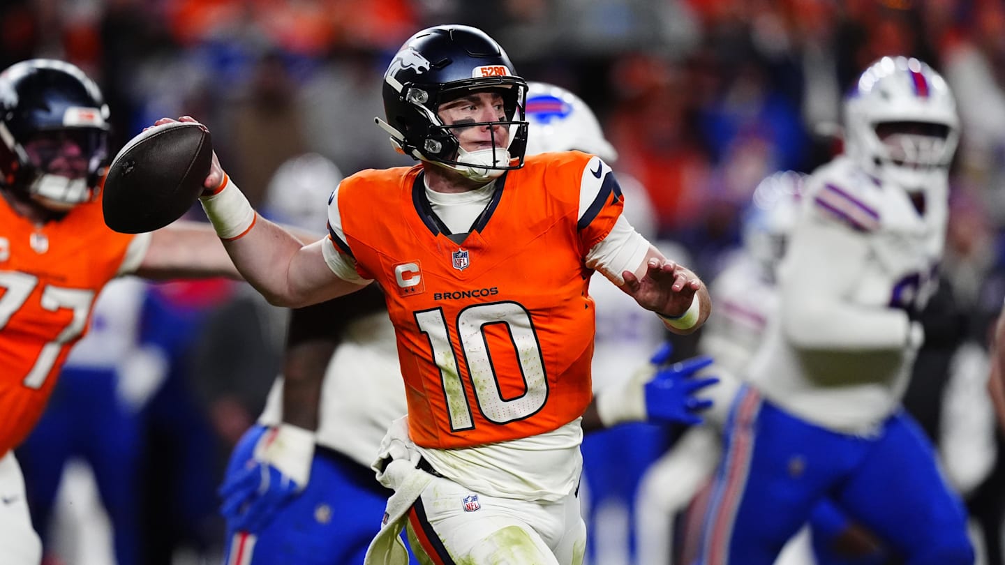 Dec 25, 2025; Kansas City, Missouri, USA; Denver Broncos quarterback Bo Nix (10) rolls out to pass during the second half against the Kansas City Chiefs at GEHA Field at Arrowhead Stadium. Mandatory Credit: Jay Biggerstaff-Imagn Images