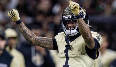 Dec 21, 2025; New Orleans, Louisiana, USA; New Orleans Saints cornerback Alontae Taylor (1) reacts to making a tackle against New York Jets quarterback Brady Cook (not pictured) during the first half at Caesars Superdome. Mandatory Credit: Stephen Lew-Imagn Images