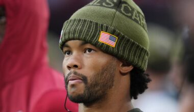Arizona Cardinals quarterback Kyler Murray watches his team from the sidelines as they play the San Francisco 49ers at State Farm Stadium in Glendale on Nov. 16, 2025.