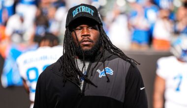Detroit Lions defensive tackle Alim McNeill (54) watches warmup ahead of Cincinnati Bengals game at Paycor Stadium in Cincinnati on Sunday, Oct. 5, 2025.