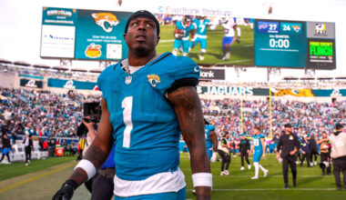 Jacksonville Jaguars running back Travis Etienne Jr. (1) walks off the field after losing to the Bills during an NFL football AFC Wild Card playoff matchup, Sunday, Jan. 11, 2026, in Jacksonville, Fla. Bills lead 10-7 at the half over the Jaguars. The Bills defeated the Jaguars 27-24. [Doug Engle/Florida Times-Union]