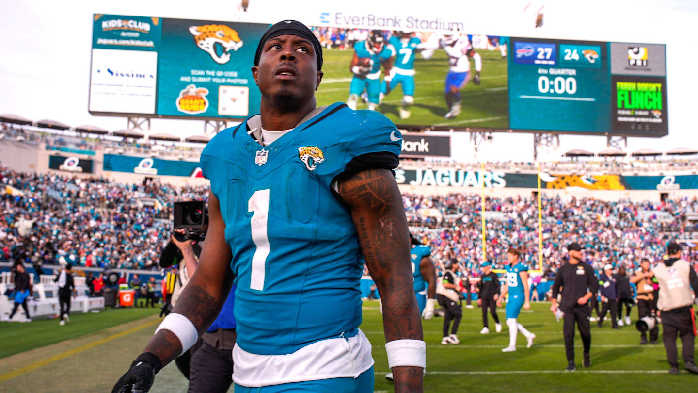 Jacksonville Jaguars running back Travis Etienne Jr. (1) walks off the field after losing to the Bills during an NFL football AFC Wild Card playoff matchup, Sunday, Jan. 11, 2026, in Jacksonville, Fla. Bills lead 10-7 at the half over the Jaguars. The Bills defeated the Jaguars 27-24. [Doug Engle/Florida Times-Union]