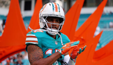 Dec 21, 2025; Miami Gardens, Florida, USA; Miami Dolphins wide receiver Jaylen Waddle (17) reacts during the second quarter against the Cincinnati Bengals at Hard Rock Stadium. Mandatory Credit: Nathan Ray Seebeck-Imagn Images