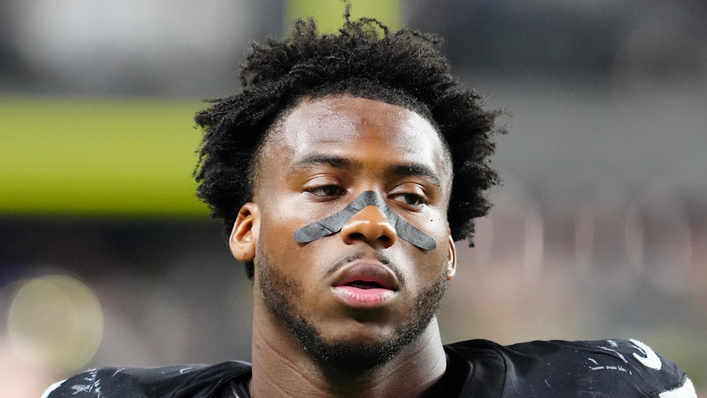 Nov 17, 2025; Paradise, Nevada, USA; Las Vegas Raiders defensive end Malcolm Koonce (51) reacts after the game against the Dallas Cowboys at Allegiant Stadium. Mandatory Credit: Stephen R. Sylvanie-Imagn Images