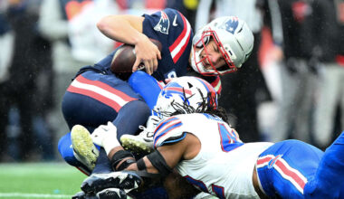 Dec 14, 2025; Foxborough, Massachusetts, USA; New England Patriots quarterback Drake Maye (10) is sacked by Buffalo Bills linebacker Matt Milano (58) during the second half at Gillette Stadium. Mandatory Credit: Brian Fluharty-Imagn Images