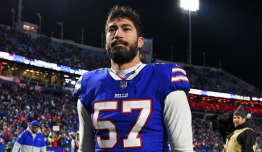 Buffalo Bills defensive end A.J. Epenesa (57) following the game against the New York Jets at Highmark Stadium.