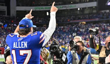 Sep 7, 2025; Orchard Park, New York, USA;  Buffalo Bills quarterback Josh Allen (17) celebrates placekicker Matt Prater (15) (not pictured) field goal to win against the Baltimore Ravens during the fourth quarter  at Highmark Stadium. Mandatory Credit: Mark Konezny-Imagn Images