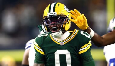 Sep 28, 2025; Arlington, Texas, USA;  Green Bay Packers wide receiver Matthew Golden (0) reacts in the first quarter against the Dallas Cowboys at AT&T Stadium. Mandatory Credit: Kevin Jairaj-Imagn Images
