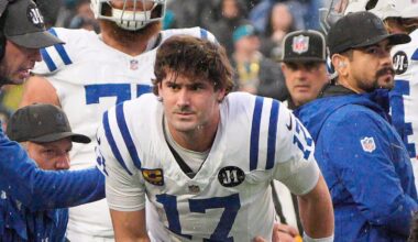 Indianapolis Colts quarterback Daniel Jones gets up off the turf