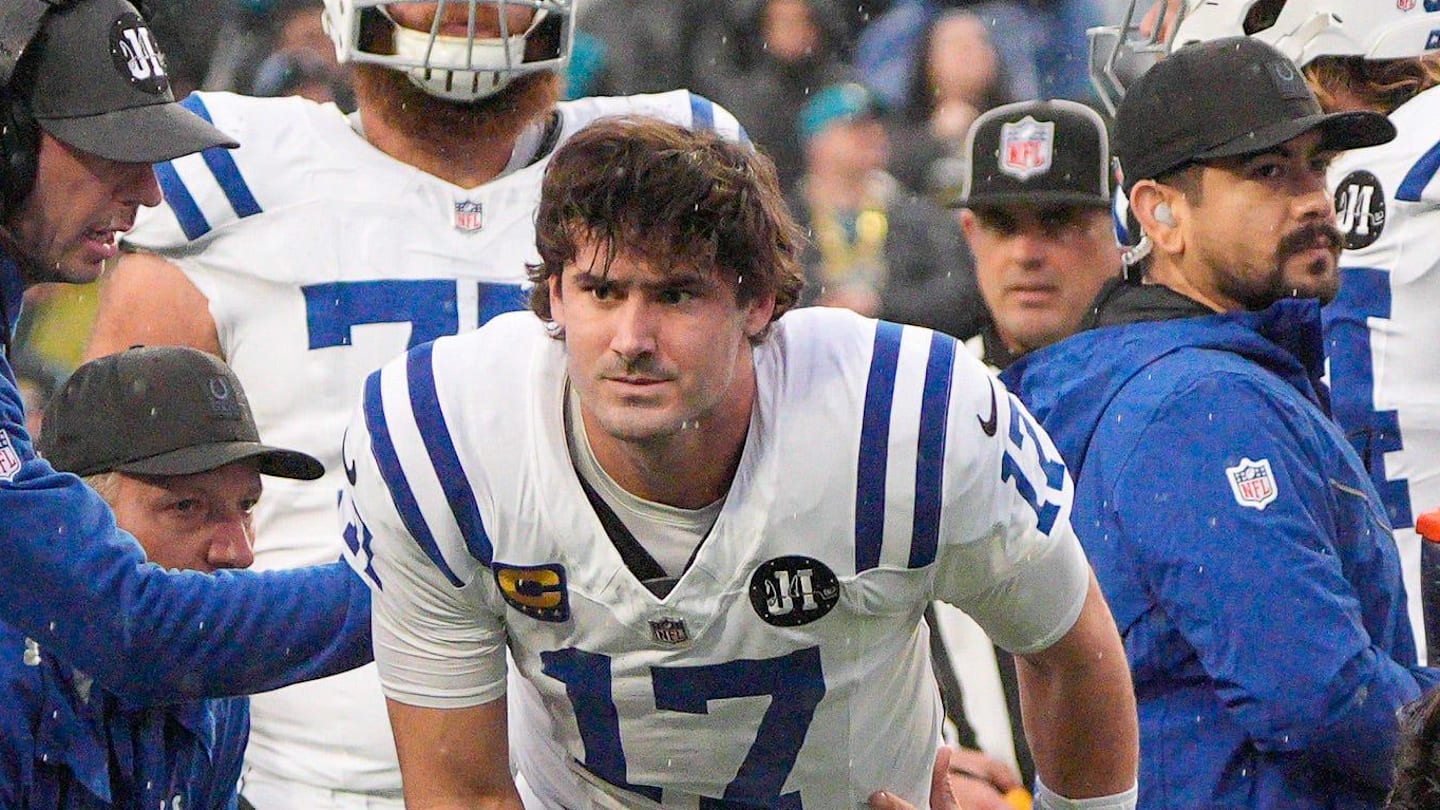 Indianapolis Colts quarterback Daniel Jones gets up off the turf