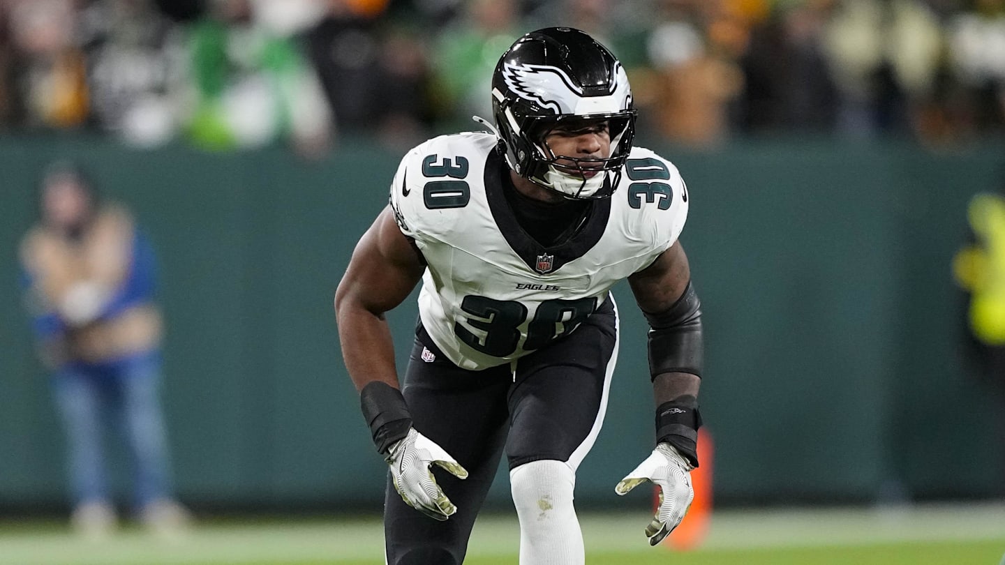 Nov 10, 2025; Green Bay, Wisconsin, USA;  Philadelphia Eagles linebacker Jihaad Campbell (30) during the game against the Green Bay Packers at Lambeau Field. Mandatory Credit: Jeff Hanisch-Imagn Images