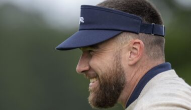 February 13, 2026; Pebble Beach, California, USA; Kansas City Chiefs tight end Travis Kelce smiles on the second hole during the second round of the AT&T Pebble Beach Pro-Am golf tournament at Pebble Beach Golf Links. Mandatory Credit: Kyle Terada-Imagn Images