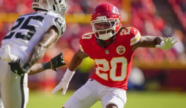 Oct 19, 2025; Kansas City, Missouri, USA; Kansas City Chiefs cornerback Nohl Williams (20) defends Las Vegas Raiders cornerback Decamerion Richardson (25) during the second half at GEHA Field at Arrowhead Stadium. Mandatory Credit: Jay Biggerstaff-Imagn Images