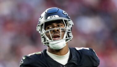 Dec 21, 2025; Glendale, Arizona, USA; Atlanta Falcons tight end Kyle Pitts Sr. (8) against the Arizona Cardinals at State Farm Stadium. Mandatory Credit: Mark J. Rebilas-Imagn Images