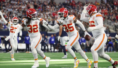 Nov 27, 2025; Arlington, Texas, USA; Kansas City Chiefs linebacker Nick Bolton (32) and Kansas City Chiefs cornerback Jaylen Watson (35) celebrate after an interception against the Dallas Cowboys during the first quarter at AT&T Stadium. Mandatory Credit: Kevin Jairaj-Imagn Images
