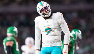 Miami Dolphins linebacker Bradley Chubb (2) reacts after a defensive stop against the Philadelphia Eagles during the third quarter at Lincoln Financial Field.