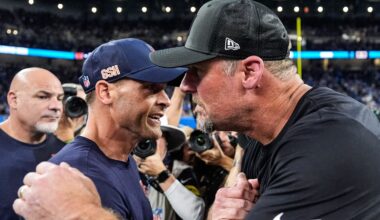 Detroit Lions head coach Dan Campbell, right, shakes hands with Chicago Bears head coach Ben Johnson after 52-21 win over the Bears at Ford Field in Detroit on Sunday, Sept. 14, 2025.