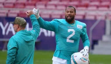 Nov 16, 2025; Madrid, Spain; Miami Dolphins linebacker Bradley Chubb (2) reacts after a play against the Washington Commanders in the fourth quarter during the 2025 NFL Madrid Game at Santiago Bernabeu Stadium. Mandatory Credit: Kirby Lee-Imagn Images