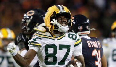 Dec 20, 2025; Chicago, Illinois, USA; Green Bay Packers wide receiver Romeo Doubs (87) catches a thirty-three yard touchdown pass thrown by quarterback Malik Willis (not pictured) against the Chicago Bears during the third quarter at Soldier Field.