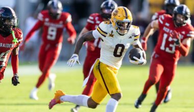 Oct 18, 2025; Tempe, Arizona, USA; Arizona State Sun Devils wide receiver Jordyn Tyson (0) against the Texas Tech Red Raiders in the second half at Mountain America Stadium. Mandatory Credit: Mark J. Rebilas-Imagn Images