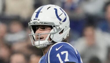 Indianapolis Colts quarterback Daniel Jones looks to pass