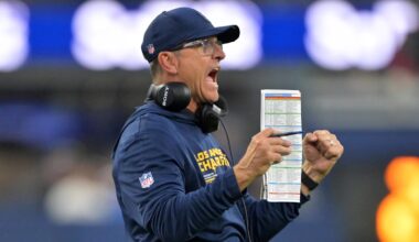 Nov 30, 2025; Inglewood, California, USA; Los Angeles Chargers head coach Jim Harbaugh reacts during the second half at SoFi Stadium. Mandatory Credit: Jayne Kamin-Oncea-Imagn Images